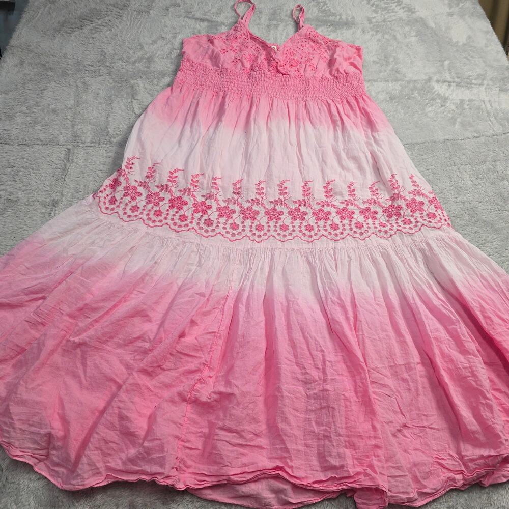 Women's Plus Sz 1X Pink Ombre Cotton Maxi Dress Boho Eyelet Lace Tiered Sundress - Picture 2 of 11